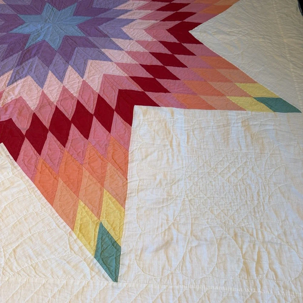Vintage Hand-Stitched 8 Point‎ Blazing Lone Star Quilt Rainbow Depression Era